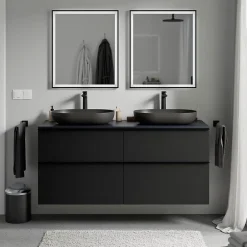 Bernstein Meuble sous vasque suspendu MDF Noir mat, plan vasque Bleu nuit mat, poignée Anthracite mat - 140x46x62cm - LAVOA* Meuble Sous-Vasque