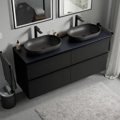 Bernstein Meuble sous vasque suspendu MDF Noir mat, plan vasque Bleu nuit mat, poignée Anthracite mat - 140x46x62cm - LAVOA* Meuble Sous-Vasque