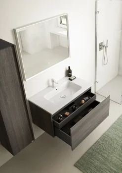 Ipiemme SRL Meuble sous vasque suspendu effet chêne Metz l.90 x H.46,5 x P.50,5 cm pour évacuation centrale, Pura+