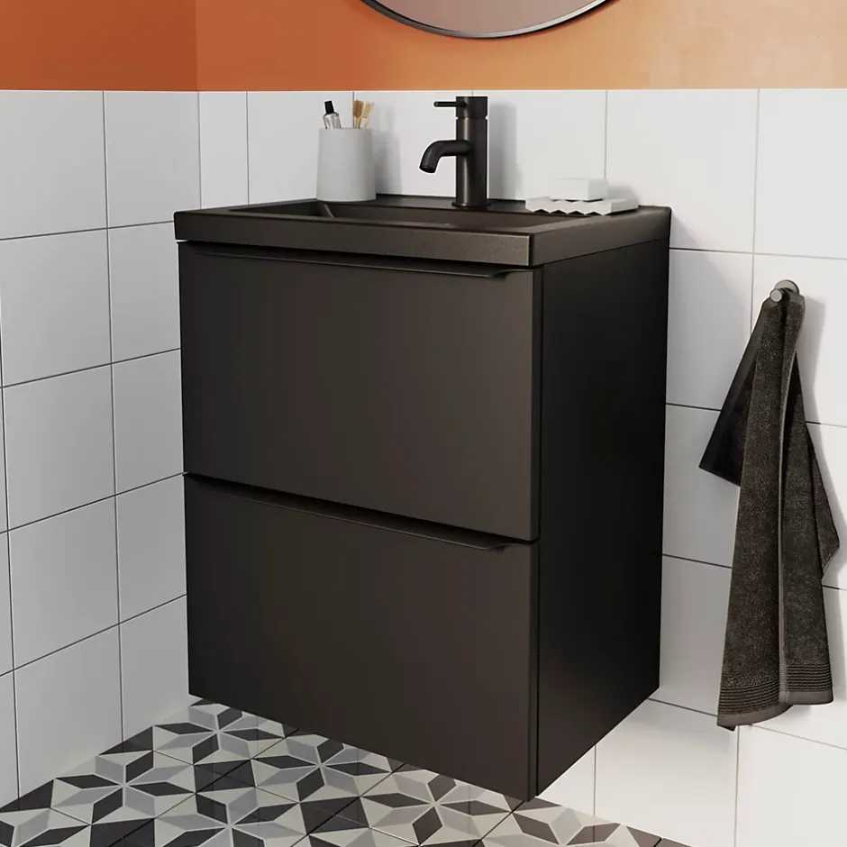 GoodHome Meuble sous vasque suspendu faible profondeur noir mat l.50 x H.60 x P.36 cm, Imandra