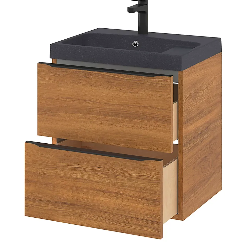 GoodHome Meuble sous vasque suspendu effet noyer l.60 x H.60 x P.45 cm, Imandra* Meuble Buanderie|Meuble De Salle De Bains Faible Profondeur