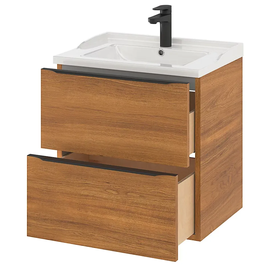 GoodHome Meuble sous vasque suspendu effet noyer l.60 x H.60 x P.45 cm, Imandra* Meuble Buanderie|Meuble De Salle De Bains Faible Profondeur