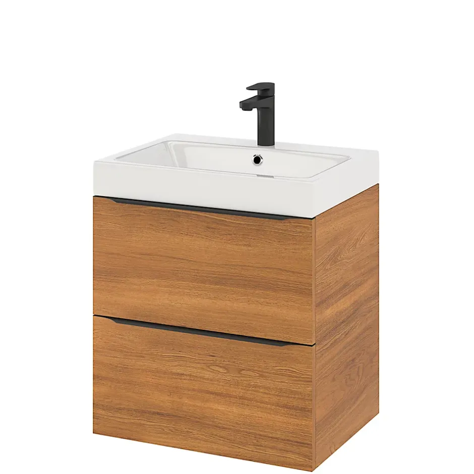 GoodHome Meuble sous vasque suspendu effet noyer l.60 x H.60 x P.45 cm, Imandra* Meuble Buanderie|Meuble De Salle De Bains Faible Profondeur
