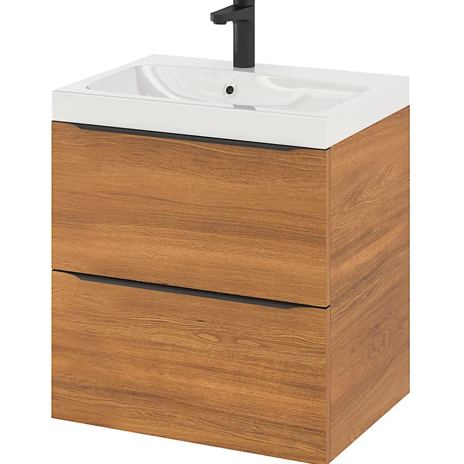 GoodHome Meuble sous vasque suspendu effet noyer l.60 x H.60 x P.45 cm, Imandra* Meuble Buanderie|Meuble De Salle De Bains Faible Profondeur