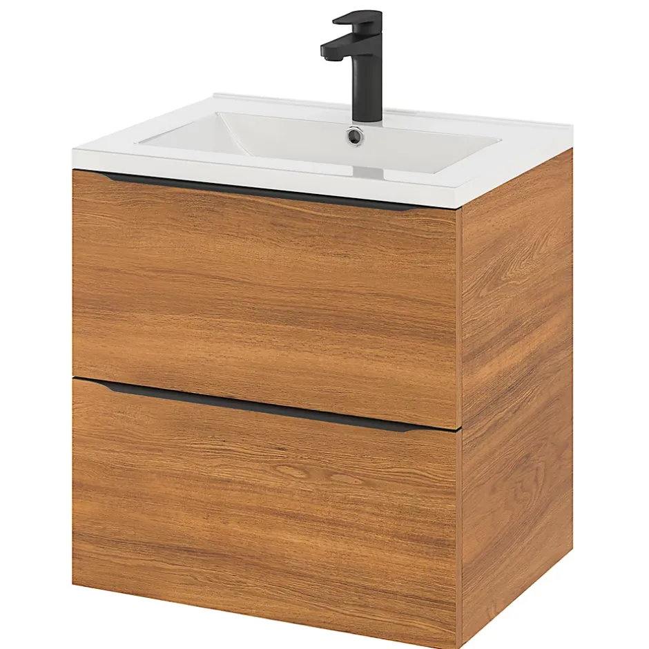 GoodHome Meuble sous vasque suspendu effet noyer l.60 x H.60 x P.45 cm, Imandra* Meuble Buanderie|Meuble De Salle De Bains Faible Profondeur