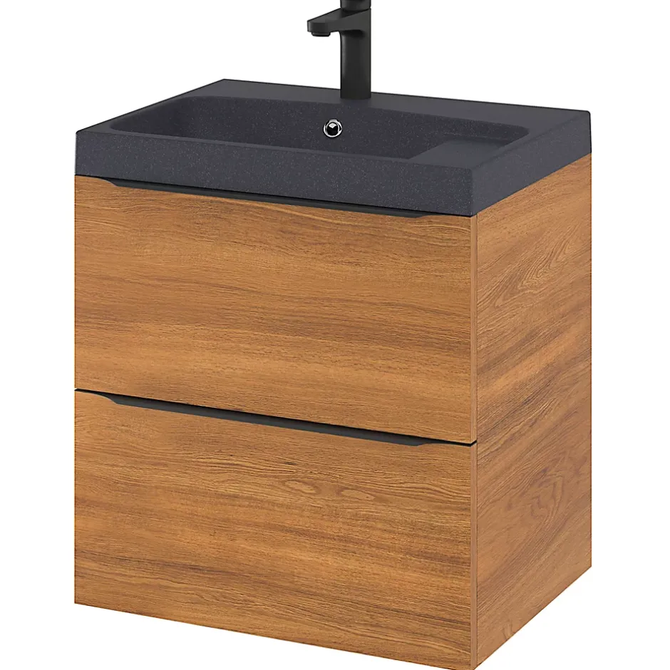 GoodHome Meuble sous vasque suspendu effet noyer l.60 x H.60 x P.45 cm, Imandra* Meuble Buanderie|Meuble De Salle De Bains Faible Profondeur