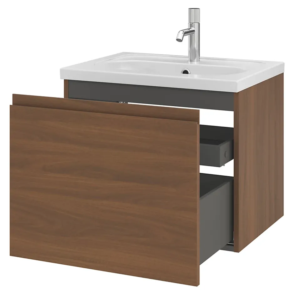 GoodHome Meuble sous vasque suspendu effet noyer 2 tiroirs l.60 x H.48 x P.45 cm Levanna