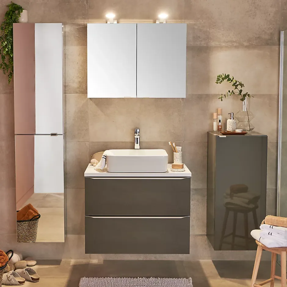 GoodHome Meuble sous vasque suspendu gris taupe brillant l.100 x H.60 x P.45 cm, Imandra* Meuble Buanderie|Meuble Sous-Vasque