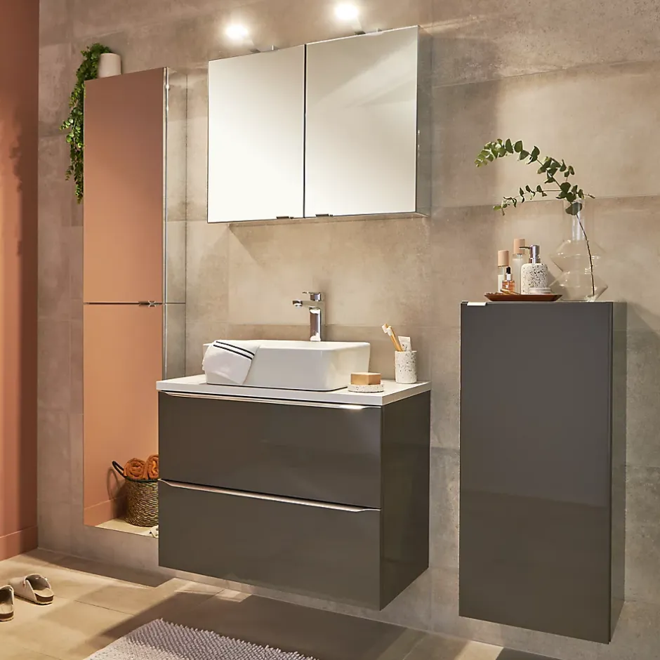 GoodHome Meuble sous vasque suspendu gris taupe brillant l.100 x H.60 x P.45 cm, Imandra* Meuble Buanderie|Meuble Sous-Vasque
