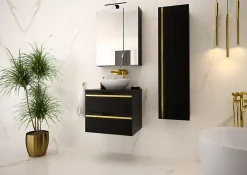 Furnidea Meuble sous vasque suspendu VESPER noir 60 cm - bande décorative dorée* Meuble Sous Lavabo