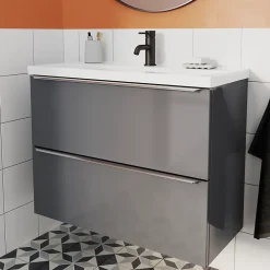 GoodHome Meuble sous vasque suspendu faible profondeur gris brillant l.80 x H.60 x P.36 cm, Imandra