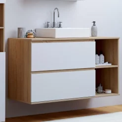 IDMarket Meuble sous vasque suspendu salle de bain TOMI 2 tiroirs et 2 niches façon hêtre et blanc* Armoire De Salle De Bains