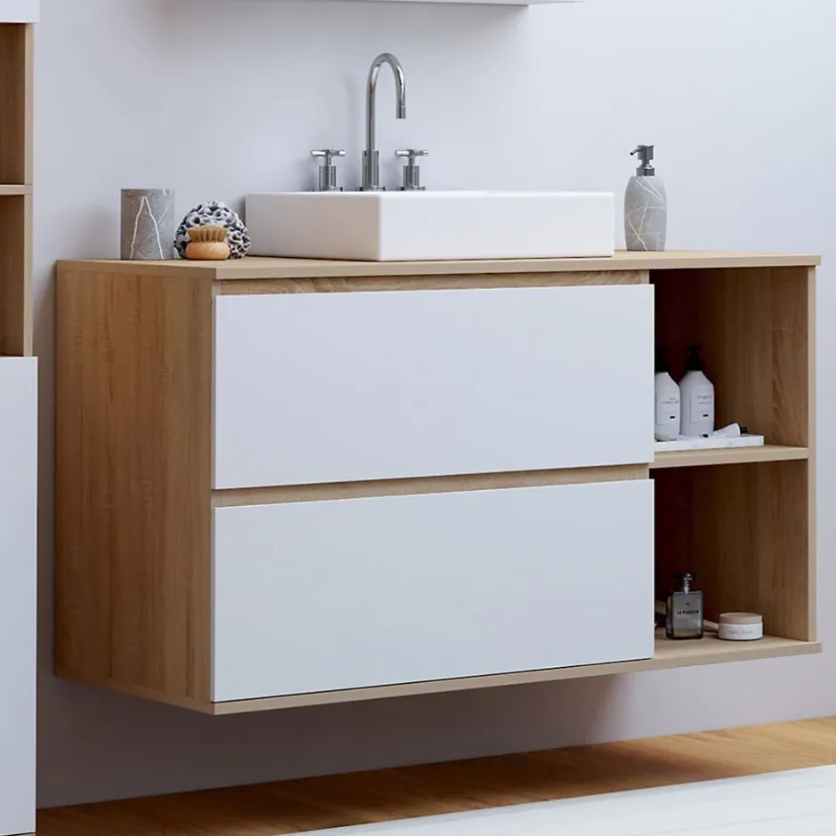 IDMarket Meuble sous vasque suspendu salle de bain TOMI 2 tiroirs et 2 niches façon hêtre et blanc* Armoire De Salle De Bains