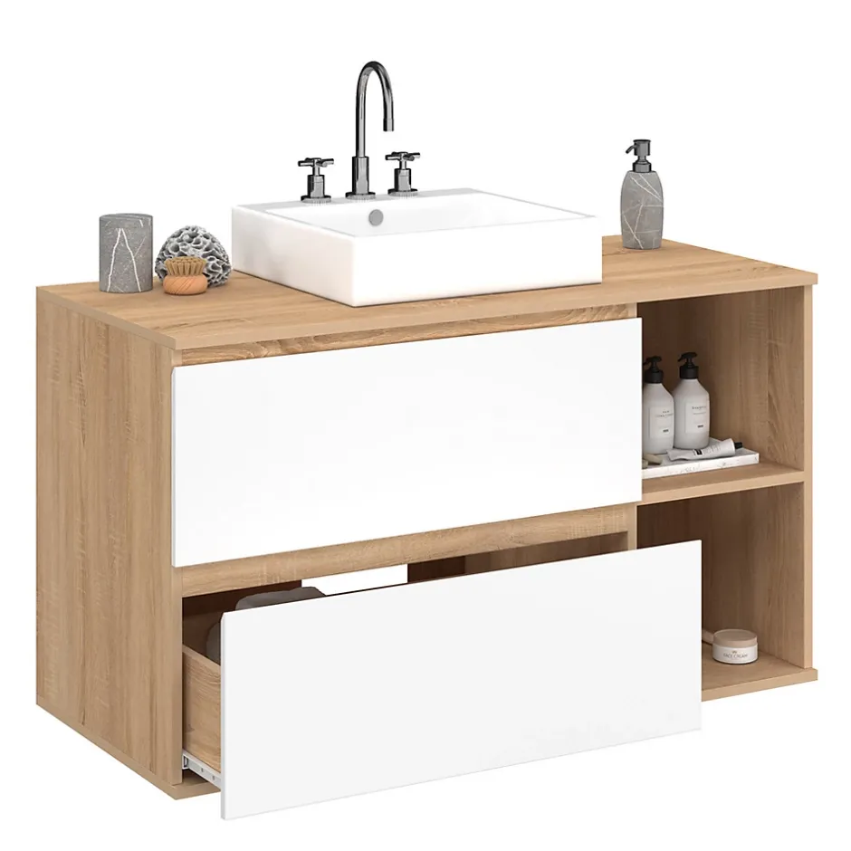 IDMarket Meuble sous vasque suspendu salle de bain TOMI 2 tiroirs et 2 niches façon hêtre et blanc* Armoire De Salle De Bains