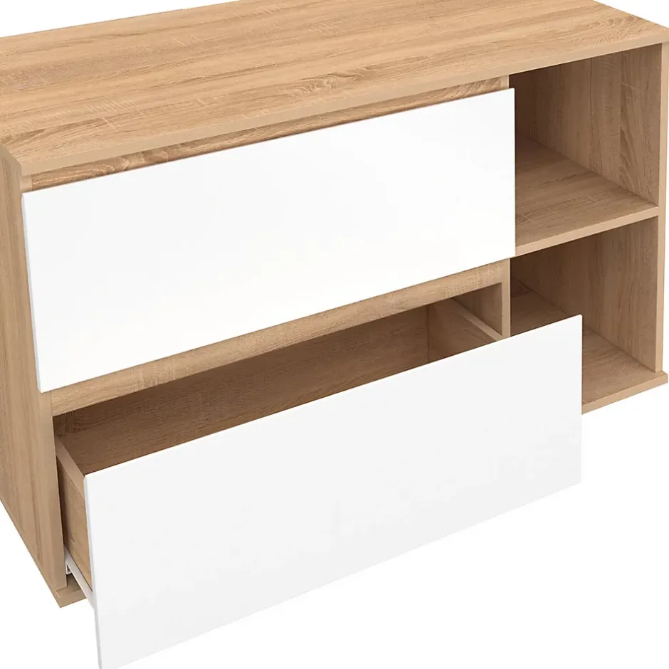 IDMarket Meuble sous vasque suspendu salle de bain TOMI 2 tiroirs et 2 niches façon hêtre et blanc* Armoire De Salle De Bains