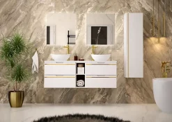 Furnidea Meuble sous vasque suspendu ESPERO blanc 60 cm - bande décorative dorée
