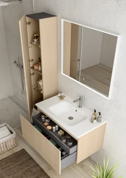 Ipiemme SRL Meuble sous vasque suspendu placage chêne clair strié l.90 x H.46,5 x P.50,5 cm pour évacuation centrale, Pura* Meuble Sous-Vasque
