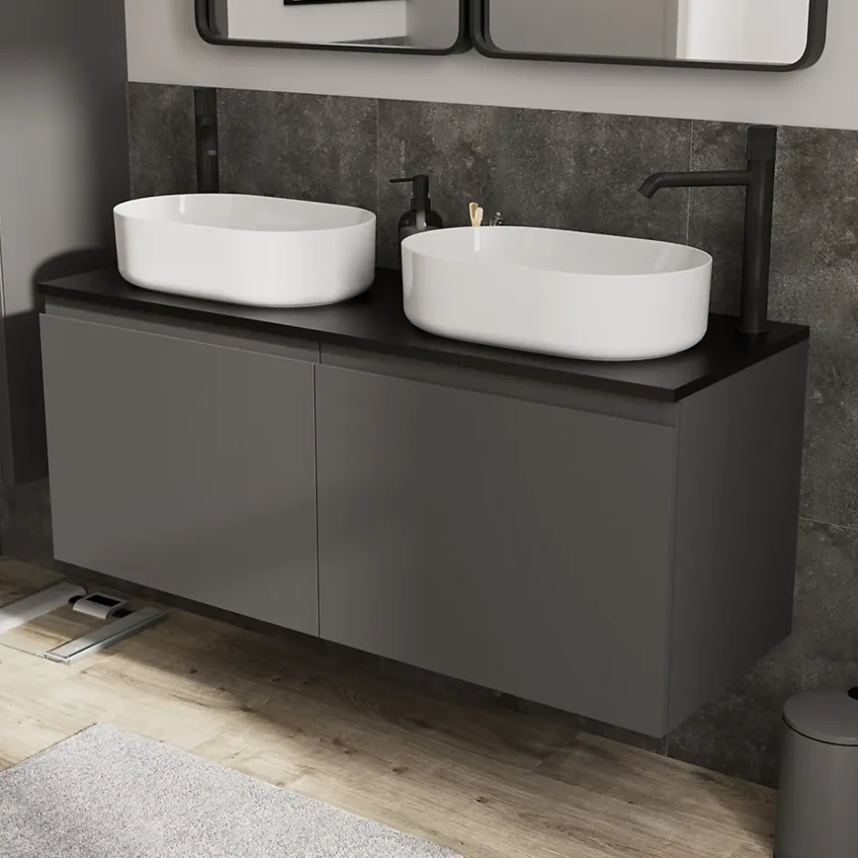 GoodHome Meuble sous vasque suspendu gris anthracite mat 4 tiroirs l.120 x H.48 x P.45 cm, Levanna* Meuble Sous-Vasque