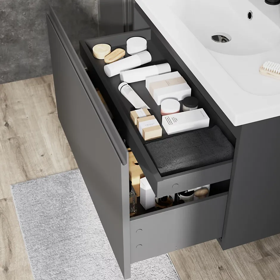 GoodHome Meuble sous vasque suspendu gris anthracite mat 2 tiroirs l.80 x H.48 x P.45 cm Levanna* Meuble Sous-Vasque