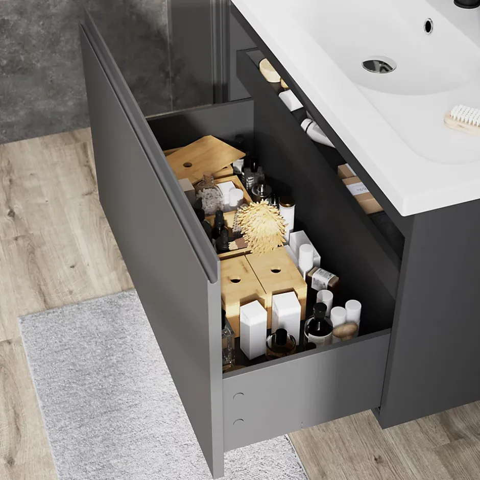 GoodHome Meuble sous vasque suspendu gris anthracite mat 2 tiroirs l.80 x H.48 x P.45 cm Levanna* Meuble Sous-Vasque