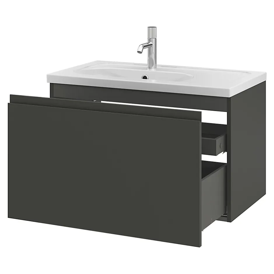 GoodHome Meuble sous vasque suspendu gris anthracite mat 2 tiroirs l.80 x H.48 x P.45 cm Levanna* Meuble Sous-Vasque