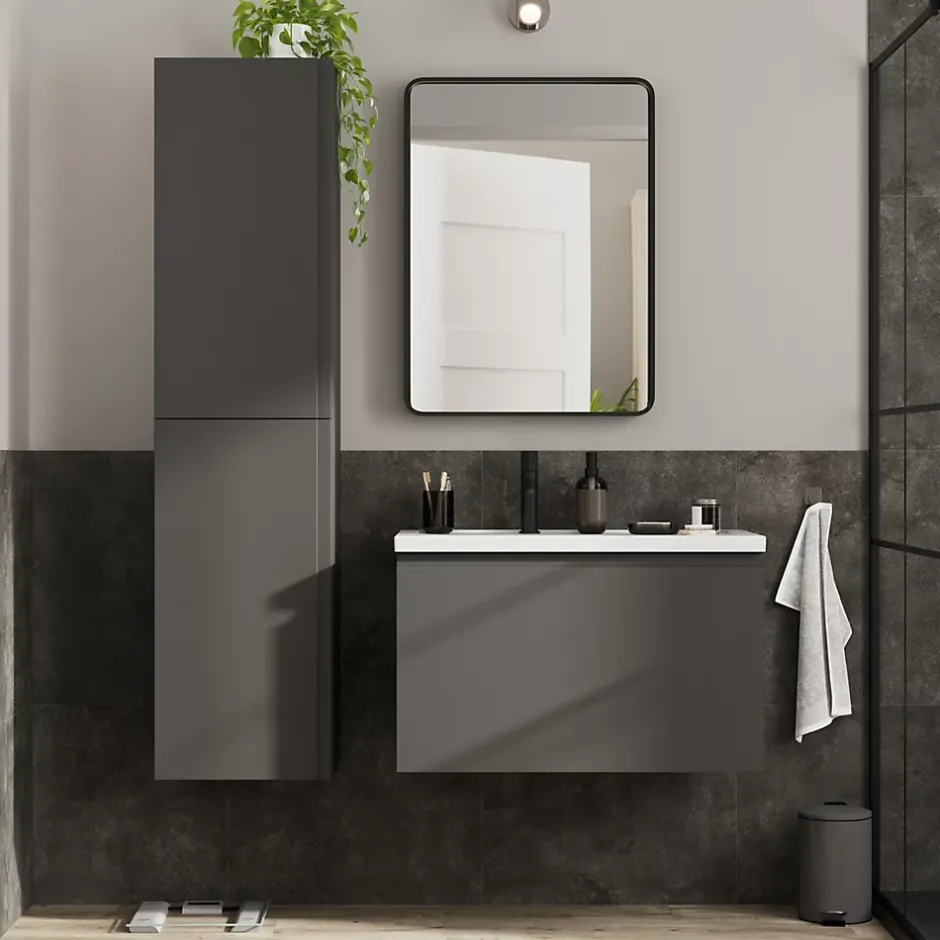 GoodHome Meuble sous vasque suspendu gris anthracite mat 2 tiroirs l.80 x H.48 x P.45 cm Levanna* Meuble Sous-Vasque