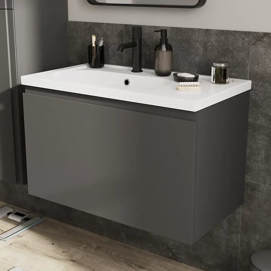 GoodHome Meuble sous vasque suspendu gris anthracite mat 2 tiroirs l.80 x H.48 x P.45 cm Levanna* Meuble Sous-Vasque