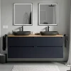 Bernstein Meuble sous vasque suspendu MDF Bleu nuit mat, plan vasque Chêne miel, tiroirs pivotants - 160x46x62cm - VIREO