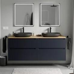 Bernstein Meuble sous vasque suspendu MDF Bleu nuit mat, plan vasque Chêne miel, tiroirs pivotants - 160x46x62cm - VIREO