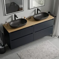 Bernstein Meuble sous vasque suspendu MDF Bleu nuit mat, plan vasque Chêne miel, tiroirs pivotants - 160x46x62cm - VIREO