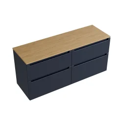 Bernstein Meuble sous vasque suspendu MDF Bleu nuit mat, plan vasque Chêne miel, tiroirs pivotants - 160x46x62cm - VIREO
