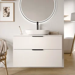 Bernstein Meuble sous vasque suspendu MDF Blanc brillant 100x46x62cm, Plan lavabo Blanc brillant + 2 tiroirs poignée Chrome - TIM100