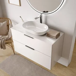 Bernstein Meuble sous vasque suspendu MDF Blanc brillant 100x46x62cm, Plan lavabo Blanc brillant + 2 tiroirs poignée Chrome - TIM100