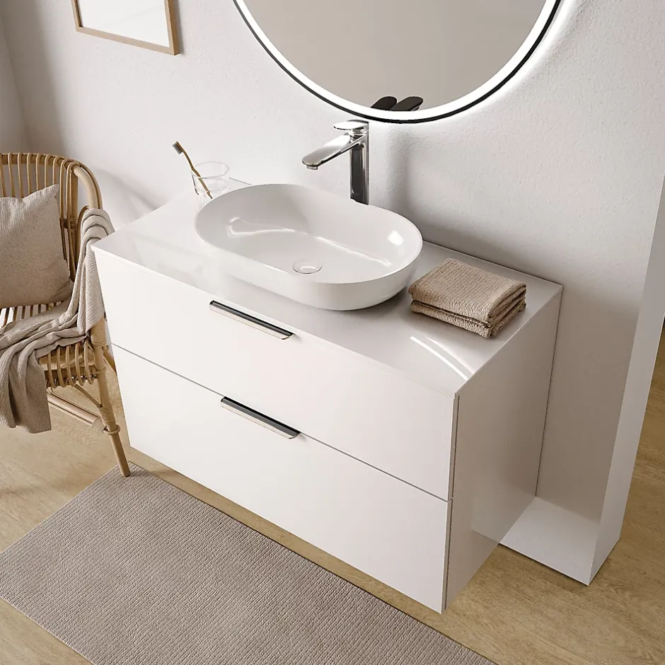 Bernstein Meuble sous vasque suspendu MDF Blanc brillant 100x46x62cm, Plan lavabo Blanc brillant + 2 tiroirs poignée Chrome - TIM100