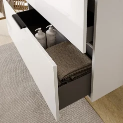 Bernstein Meuble sous vasque suspendu MDF Blanc brillant 100x46x62cm, Plan lavabo Blanc brillant + 2 tiroirs poignée Chrome - TIM100