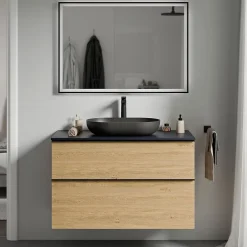 Bernstein Meuble sous vasque suspendu MDF Chêne miel, plan vasque Bleu nuit mat, poignée Noir mat - 80x46x62cm - LAVOA* Meuble Sous-Vasque