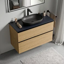 Bernstein Meuble sous vasque suspendu MDF Chêne miel, plan vasque Bleu nuit mat, poignée Noir mat - 80x46x62cm - LAVOA* Meuble Sous-Vasque