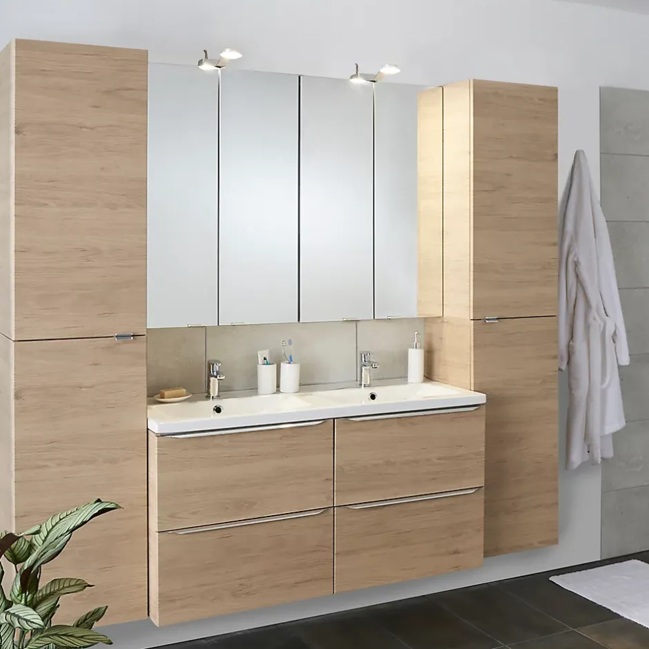GoodHome Meuble sous vasque suspendu effet chêne l.120 x H.60 x P.45 cm, Imandra* Meuble Buanderie|Meuble Sous-Vasque