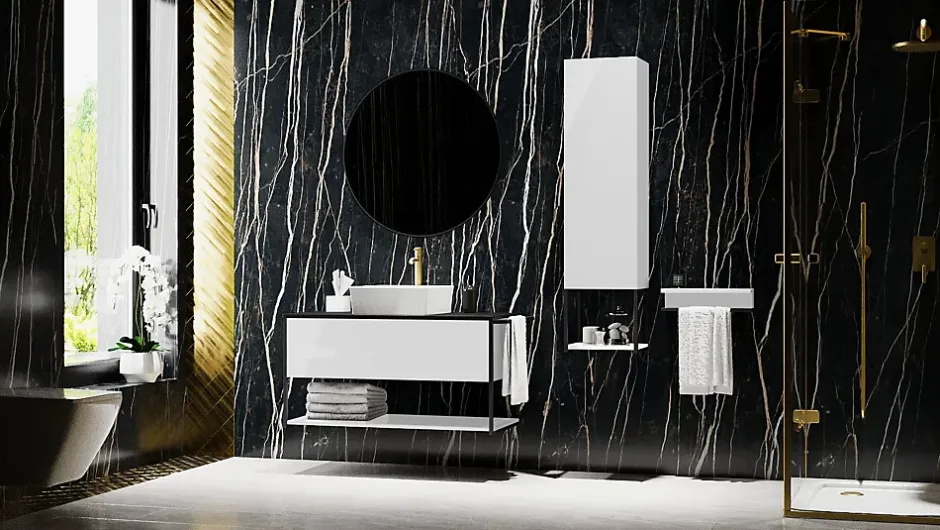 Furnidea Meuble sous vasque suspendu LOV avec porte-serviettes blanc brillant et noir 80 cm