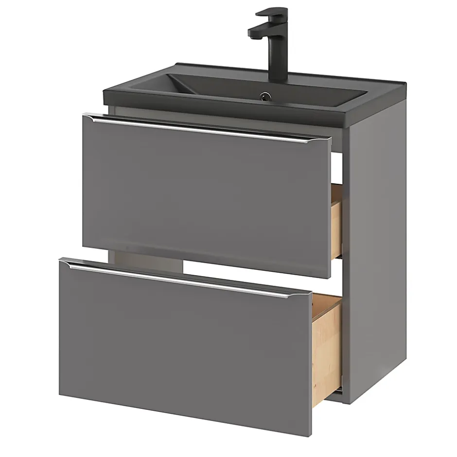 GoodHome Meuble sous vasque suspendu faible profondeur gris brillant l.60 x H.60 x P.36 cm, Imandra* Meuble Buanderie|Meuble De Salle De Bains Faible Profondeur