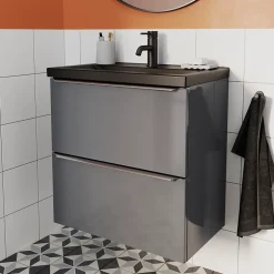 GoodHome Meuble sous vasque suspendu faible profondeur gris brillant l.60 x H.60 x P.36 cm, Imandra* Meuble Buanderie|Meuble De Salle De Bains Faible Profondeur