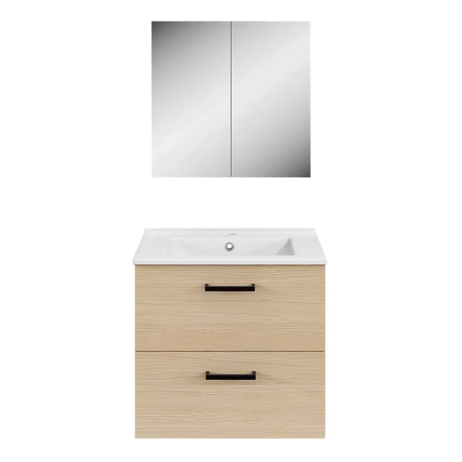 Meuble sous vasque suspendu effet chêne 2 tiroirs l.60 x H.55 x P.45 cm, Opah* Meuble Buanderie|Meuble Sous-Vasque