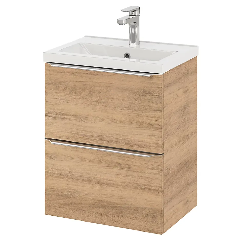 GoodHome Meuble sous vasque suspendu faible profondeur effet chêne l.50 x H.60 x P.36 cm, Imandra