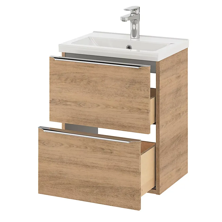 GoodHome Meuble sous vasque suspendu faible profondeur effet chêne l.50 x H.60 x P.36 cm, Imandra