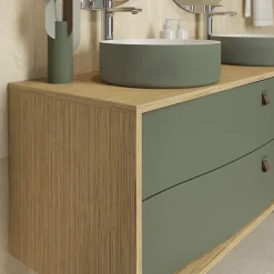 Decotec Meuble sous vasque suspendu vert fougère mat 2 tiroirs l.140 x H.50 x P.50 cm, Havana