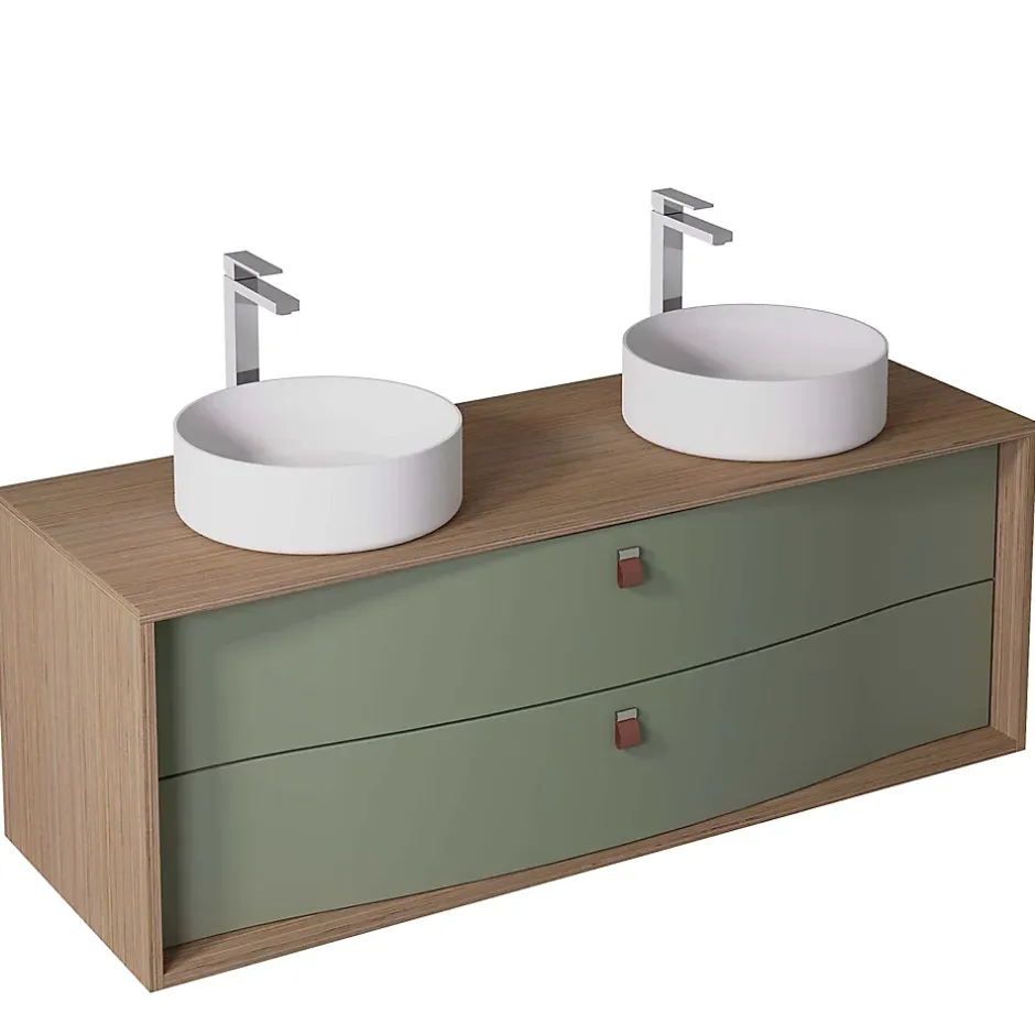 Decotec Meuble sous vasque suspendu vert fougère mat 2 tiroirs l.140 x H.50 x P.50 cm, Havana