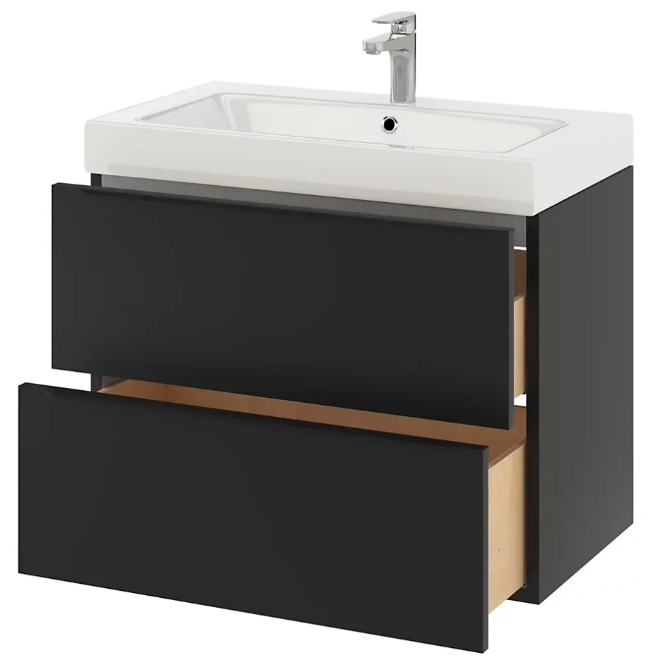 GoodHome Meuble sous vasque suspendu noir mat l.80 x H.60 x P.45 cm, Imandra* Meuble Buanderie|Meuble De Salle De Bains Faible Profondeur
