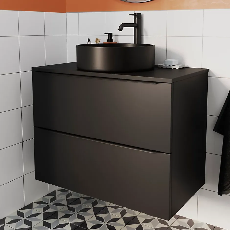 GoodHome Meuble sous vasque suspendu noir mat l.80 x H.60 x P.45 cm, Imandra* Meuble Buanderie|Meuble De Salle De Bains Faible Profondeur