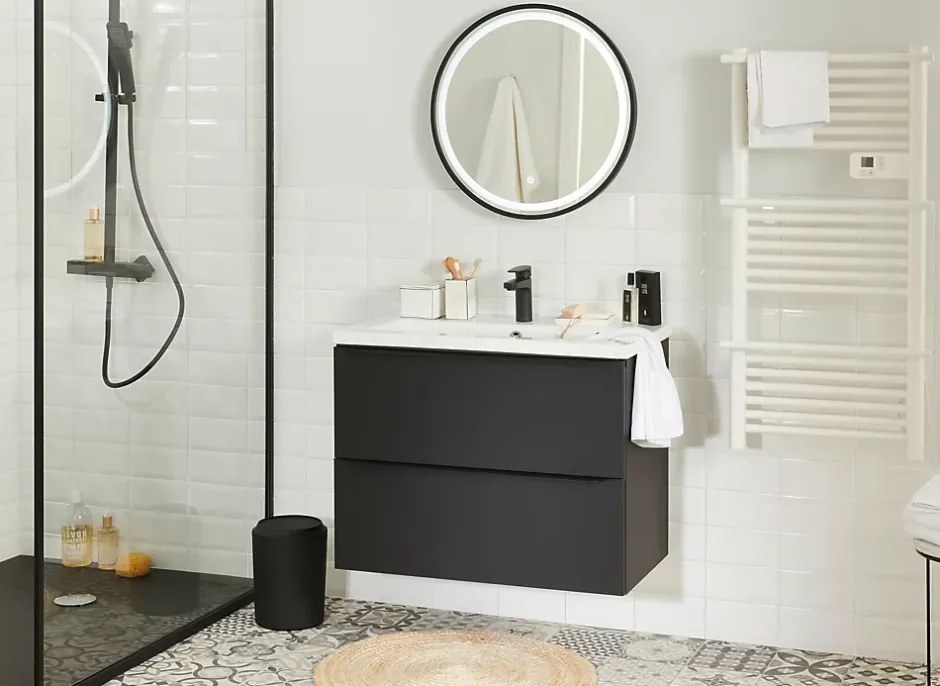 GoodHome Meuble sous vasque suspendu noir mat l.80 x H.60 x P.45 cm, Imandra* Meuble Buanderie|Meuble De Salle De Bains Faible Profondeur