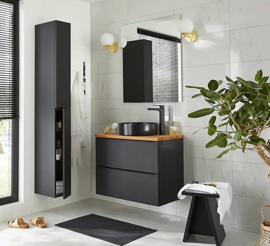 GoodHome Meuble sous vasque suspendu noir mat l.80 x H.60 x P.45 cm, Imandra* Meuble Buanderie|Meuble De Salle De Bains Faible Profondeur